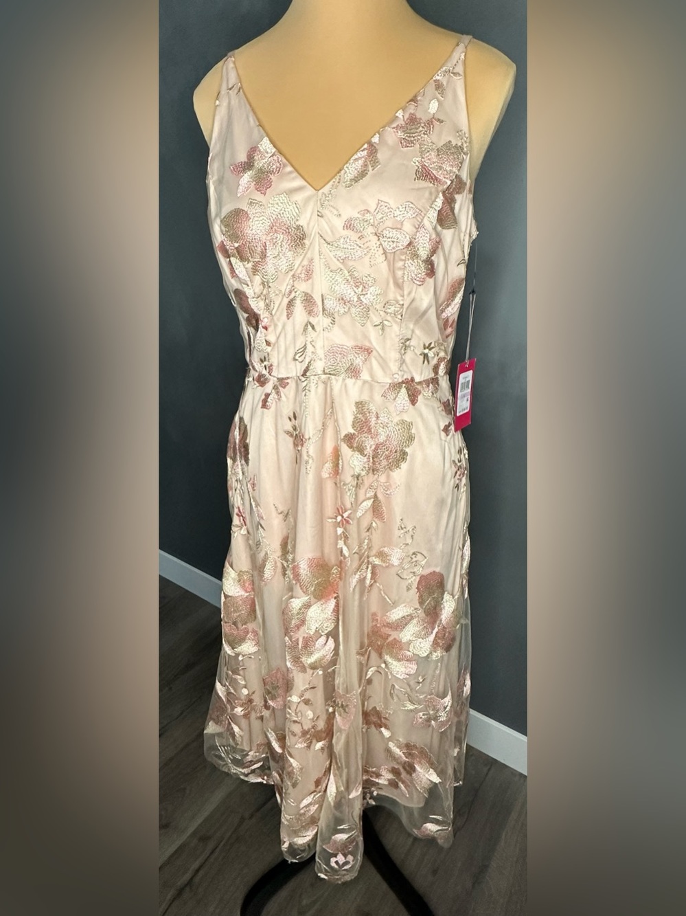 Vince Camuto Blush Pink Floral-Embroidered Blush Midi Dress